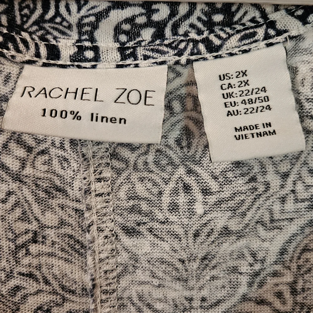 Rachel Zoe 2X Blue and White Paisley 100% Linen V-Neck Tee NWOT - Picture 5 of 5